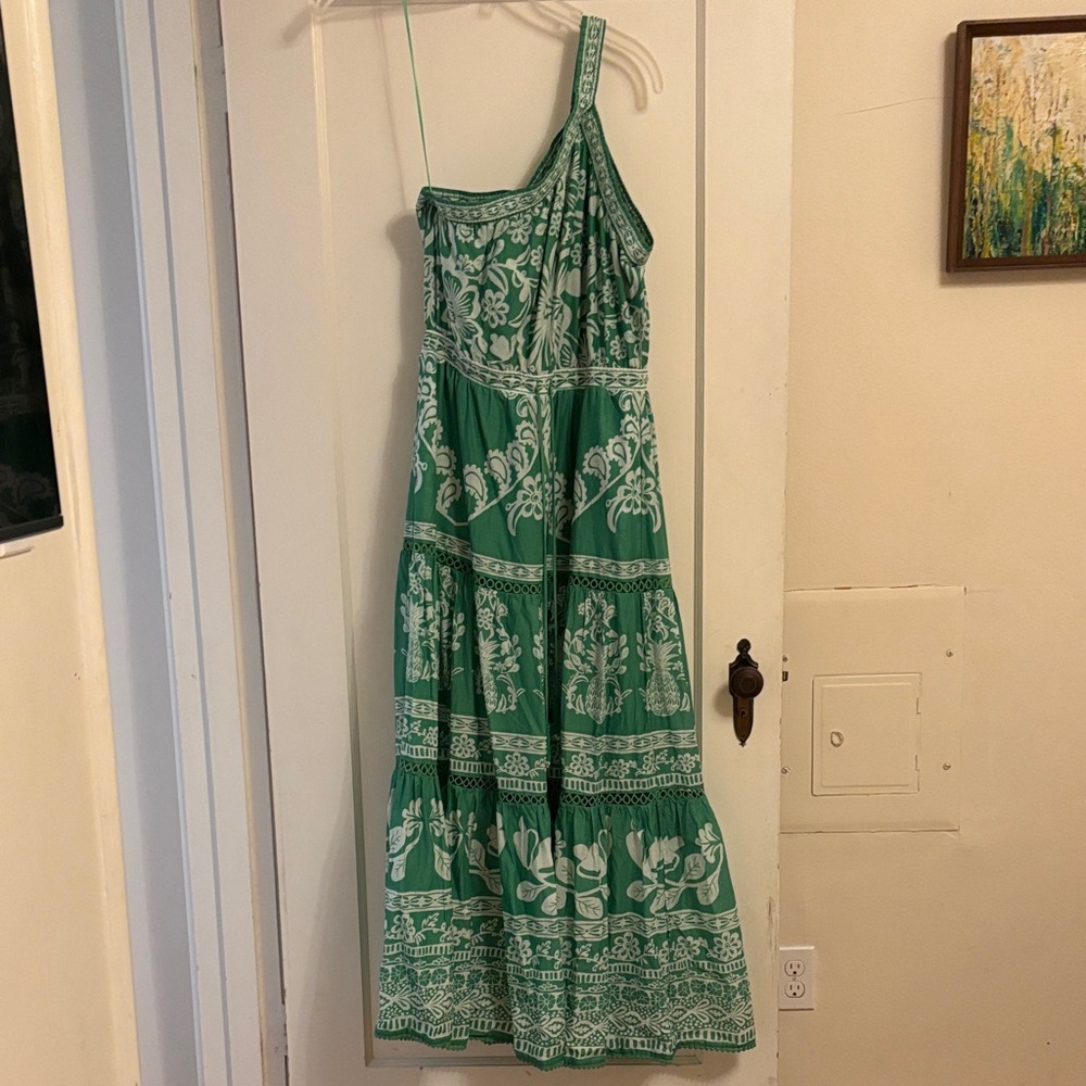 FARM Rio One Shoulder Green Patterned Dress